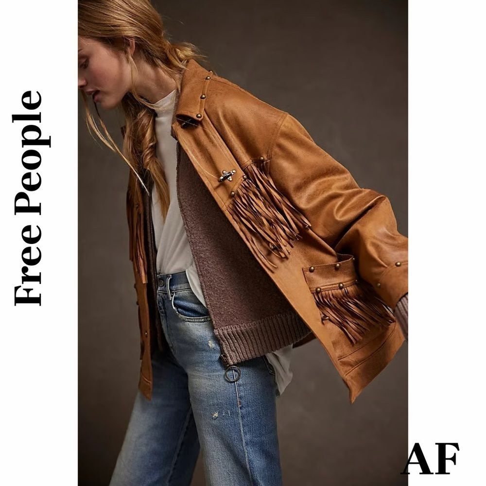 Free People Knox in Oiled Brown Vegan Leather Fringe Jacket Medium New - Picture 5 of 8